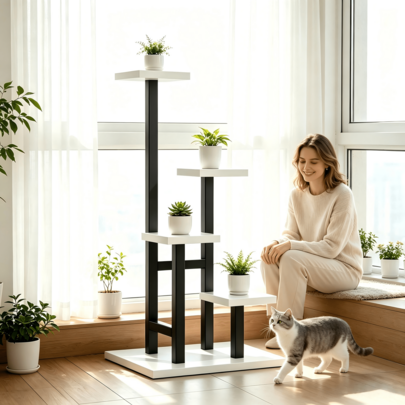 حامل نباتات متعدد الطبقات بتصميم شبه منحرف ثنائي اللون أسود وأبيض، يتميز بتصميم منصة متدرجة، مناسب لوضع النباتات الخضراء والنباتات المزروعة في أصص والعناصر الزخرفية في غرفة المعيشة أو الشرفة