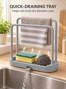 Kitchen Dish Cloth Rack And Double Bar Dish Drying Rack With Sponge Holder, Drip Tray And Brush Holder, Vertical Countertop Kitchen Storage Organizer, Can Hang Towels, Dry Sponges And Store Cleaning Tools, Home And Dorm Kitchen Essentials - Multicolor - View 8