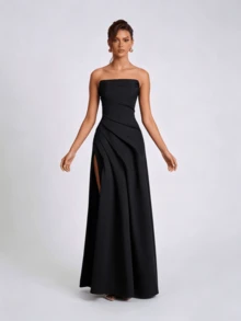 Women's Elegant Sleeveless Strapless Ruched Design Slit Party Formal Dress - Black - View 5