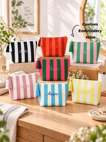 Custom Embroidered Striped Makeup Bag, Color Block Cosmetic Pouch, Travel Toiletry Bag, Lightweight Portable Organizer For Daily Use, Coin Purse - Multicolor - View 2