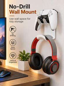 2-In-1 No-Drill Wall Mount Headphone And Game Controller Holder, Universal Headphone Stand With Storage Hook, Space-Saving Gaming Desk Organizer, Home Essential, Christmas Gift For Gamers - Multicolor - View 5