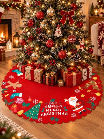 Falda de árbol de Navidad roja con estampado de Papá Noel, renos y copos de nieve, cubierta redonda para la base del árbol de Navidad con cierre de lazo para decoraciones del árbol de Navidad, decoración del hogar festivo y fiesta de Navidad