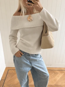 Women's Off-Shoulder Folded Long Sleeve Knit Sweater, Slim Fit Solid Color Pullover Top, Suitable For Date, Party And Daily Wear - White - View 1
