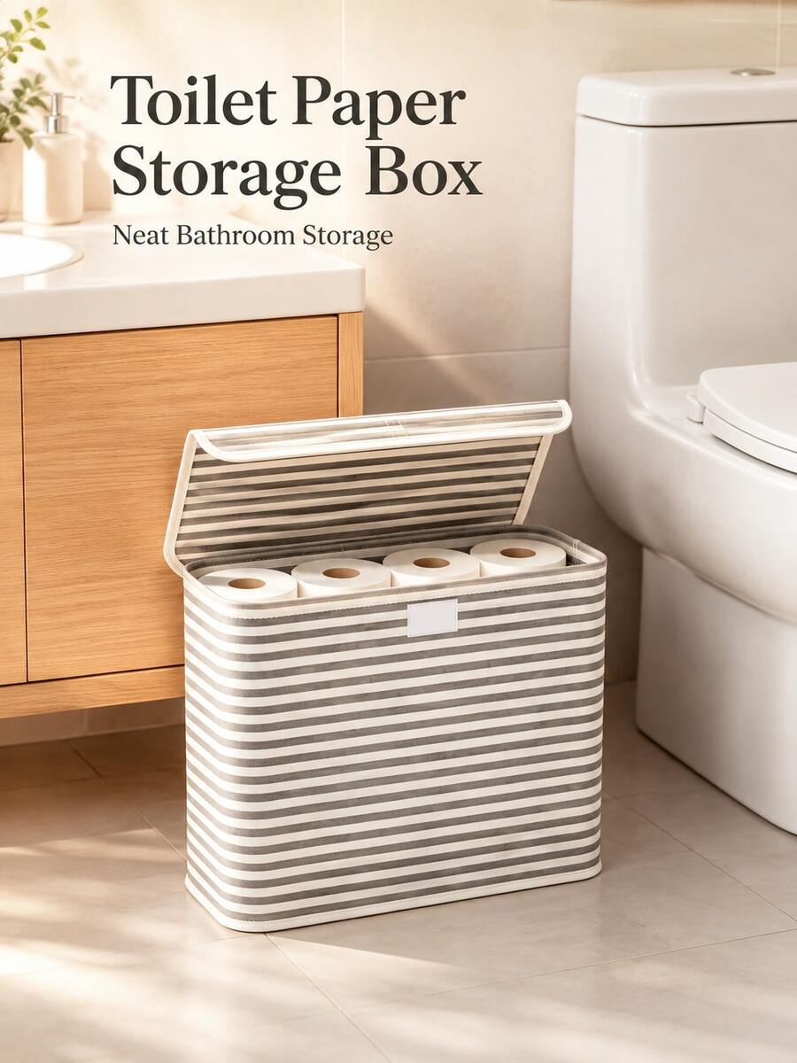 Minimalist Striped Fabric Storage Box With Lid, Foldable Thickened Fabric Storage Bin With Label Pocket, Rectangular Organizer Bucket For Clothes, Toilet Paper, Toys, Suitable For Bedroom, Bathroom, Closet, Home Daily Storage - Multicolor - View 1