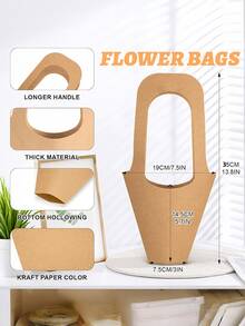 10Pcs Floral Kraft Paper Box Set,Gift Bags With Handles,Cone-Shaped Floral Bouquet Wrapping Bags For Wedding,Birthday,Party,Thanksgiving,Christmas - Brown - View 9