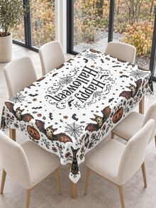 1pc Halloween Theme Polyester Tablecloth, Round Tablecloth, Rectangular Tablecloth, Halloween Decor Tablecloth/Table Cover, Black Halloween Pumpkin Bat Ghost Spirit Black Cat Skeleton Pattern Holiday Tablecloth, Halloween Dining Table Centerpiece Decoration, Halloween Party And Family Gathering Atmosphere Decor Tablecloth, Reusable - C - View 5