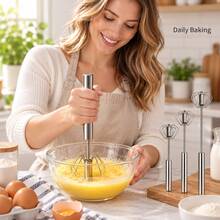 1pc Semi-Automatic Egg & Milk Mixer, Stainless Steel Hand-Push Rotary Whisk, Manual Handheld Mixer, Suitable For Eggs, Cream, Batter, Milk Foam And Sauces, Easy To Press, Kitchen Baking, Cooking, Cake Making, Home Kitchen Essential, S/M/L Sizes - Silver - View 4