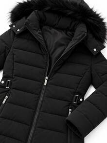 Women Faux Fur Trim Hooded Zip Up Padded Coat With Waist Buckle Detail - Black - View 7
