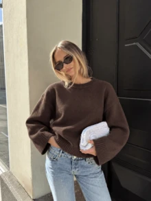 Women's Round Neck Dropped Shoulder Knit Sweater, Loose Fit Solid Color Basic Pullover Top, Vintage Style, Suitable For Commuting - Coffee Brown - View 2
