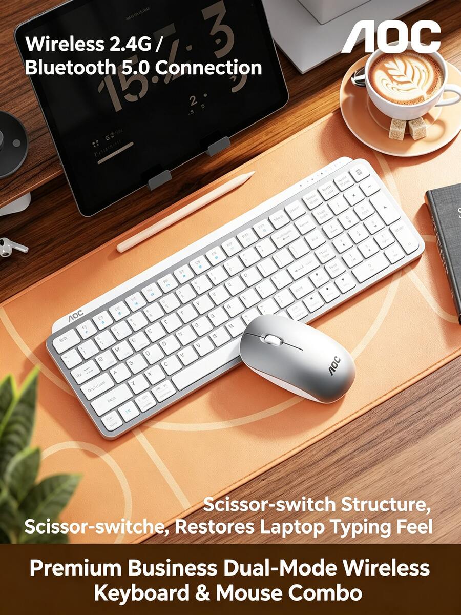 AOC Kombo Keyboard dan Mouse Bluetooth Nirkabel KM600: Keyboard dan mouse isi ulang mode ganda, mekanisme sakelar gunting senyap, desain tahan percikan air, kompatibel dengan laptop dan desktop, tersedia berbagai warna. - View 1