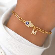 1pc Simple Initial Eye Hamsa Hand Gold Color Stainless Steel Paper Clip Chain Bracelets For Women - Yellow Gold - View 1