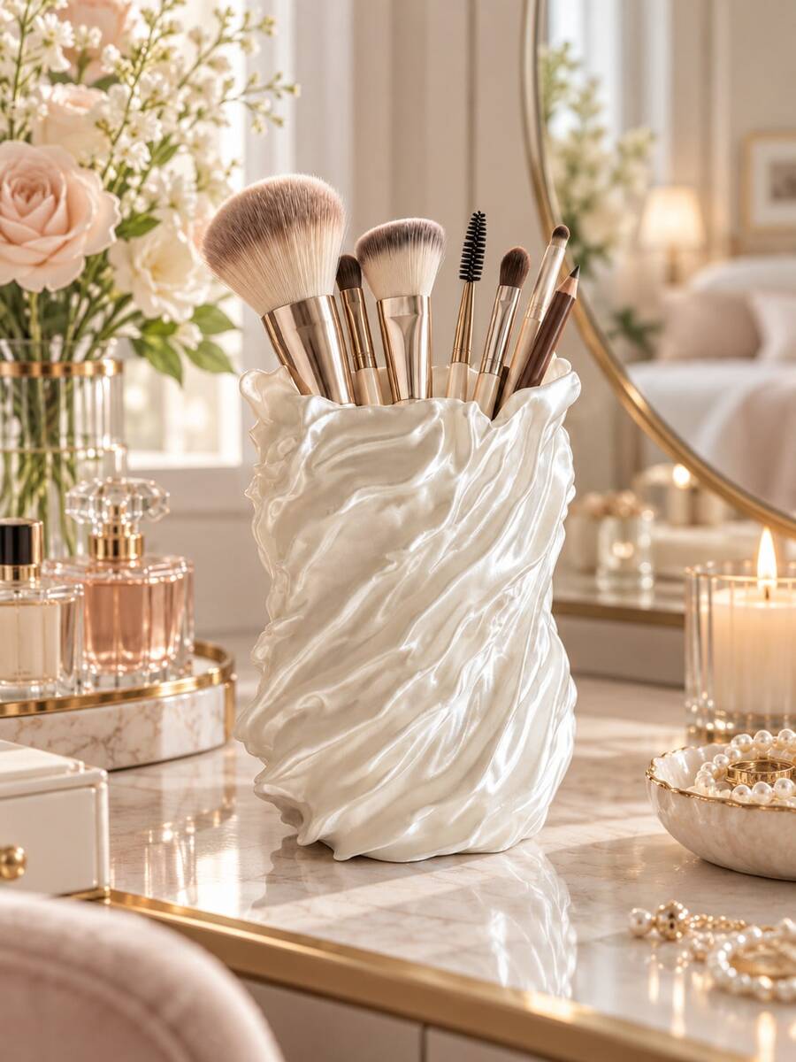 1pc Luxury Makeup Brush Holder, Streamlined Wave Design, Fashionable Makeup Tool Storage Cup, Suitable For Powder Brushes, Eye Brushes, Lip Products And Beauty Accessories, Elegant Vanity Decor, Suitable For Women, Bathroom Accessories, Brush Rack, Home Decor - Multiple Styles - View 1