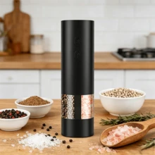 Electric Salt & Pepper Grinder, Integrated Dual-Chamber Design, Adjustable Grind Coarseness, With LED Light, Easy Operation, (Batteries Not Included), Suitable For Home And Kitchen Use, Applicable For Black Pepper, Sea Salt, Sichuan Pepper, Sesame, Cumin, Etc. - Black - View 2