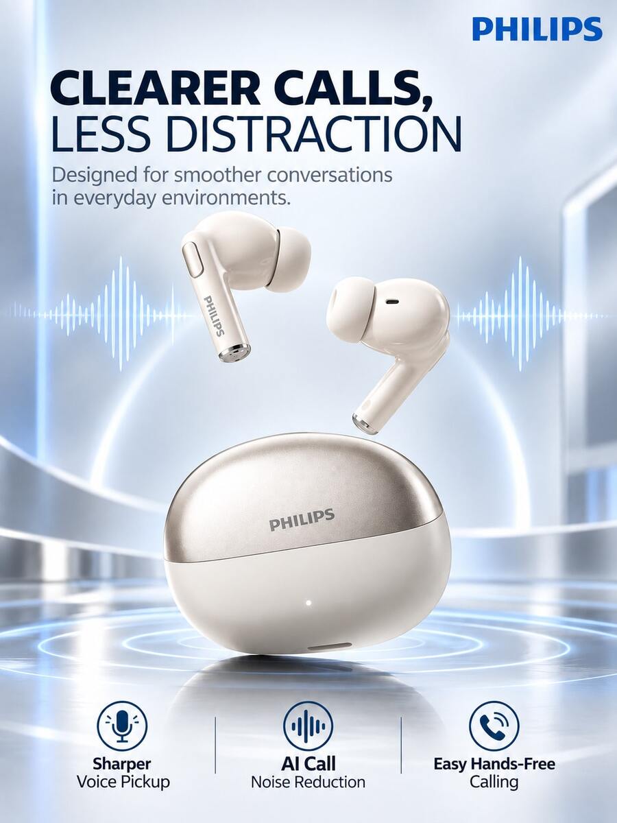 PHILIPS Earbud Bluetooth Nirkabel Sejati TAT1120, Bluetooth 6.0, Mikrofon AI untuk Panggilan Jernih, Driver 13mm, Total Waktu Putar Hingga 19 Jam dengan Casing Pengisian Daya, Mode Latensi Rendah, Kontrol Sentuh, Pengisian Daya USB-C untuk Musik dan Perjalanan Sehari-hari - View 1