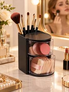 Rotating Makeup Organizer With Drawer, 180° Rotating Makeup Storage Box And Brush Holder, Multi-Layer Cotton Pads, Powder Puffs And Makeup Sponge Storage Box, Suitable For Vanity, Dressing Table, Bathroom Countertop, Space-Saving Beauty Storage - Multicolor - View 7