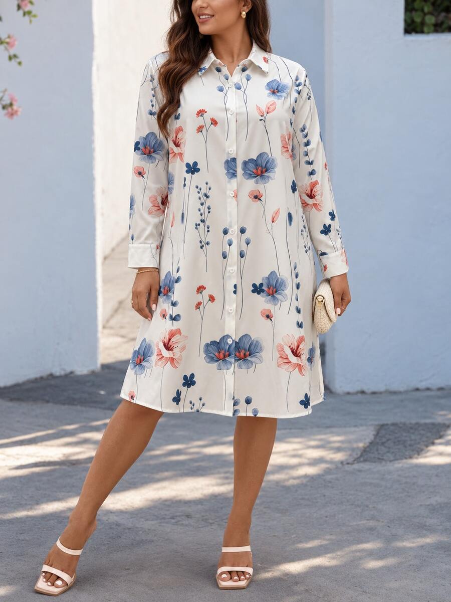 Plus Size Women's Ditsy Floral Button-Front Shirt Dress, Autumn Long Sleeve Casual Shirt Dress - White - View 1