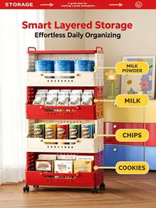 1pc Dopamine Red & White Color Block Rolling Cart Storage Rack, Multi-Layer Foldable Organizer Shelf, Suitable For Living Room, Bedroom, Kitchen, Office, Sturdy Space-Saving Snack & Miscellaneous Storage Cabinet, Highly Attractive Home Storage Holiday Gift - Multicolor - View 1