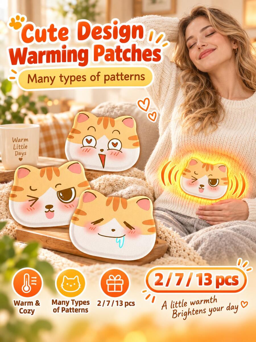 2/7/13pcs Cute Cartoon Cat-Shaped Warm Protective Gear, Full Body Continuous Warmth, Covering Waist, Abdomen, Legs, Shoulders, Suitable For Winter Warmth And Outdoor Cold Protection - Cat-shaped Heat Patch - View 1