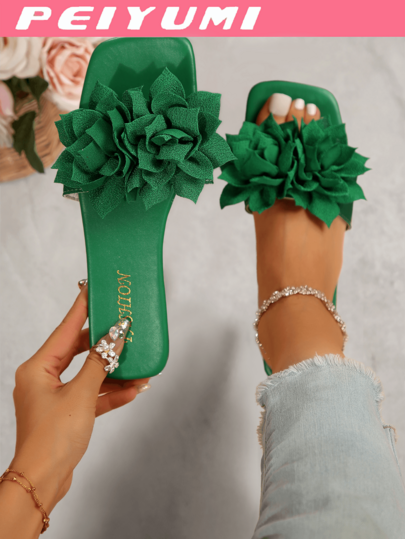 PEIYUMI Sandalias planas de verano con decoración floral única, sandalias de mujer con diseño a la moda y antideslizante, para uso casual en la playa y fiestas, disponibles en blanco, negro, rojo, verde, rosa, melocotón