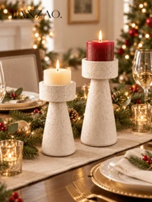 1pc/2pcs Optional Beige Travertine Textured Tapered Pillar Candle Holder, Wabi Sabi Minimalist Christmas Candle Stand, Modern Mid Century Mantel Dining Table Shelf Decor - Ins Style Stone Candle Holder - View 1