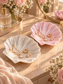 1pc Pearl Luster Shell Shaped Jewelry Tray, Elegant Pink And White Color Vanity Storage Box, Suitable For Rings, Earrings, Necklaces And Bracelets, Bedroom Decor Storage Tray, Suitable For Vanity, Gifts, Weddings, Bridesmaid Gifts, Room Decor - Multicolor - View 2