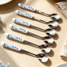 6/12pcs Blue Floral Ceramic Handle Stainless Steel Coffee Spoons, Dessert Spoons, Ice Cream Spoons, Small Spoons, Small Forks And Fruit Forks, Suitable For Home, Restaurant, Hotel Use - Multicolor - View 6