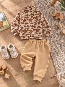 2Pcs Vintage Brown Cow Print Half-Zip Top & Elastic Waist Sweatpants Set - Camel - View 2