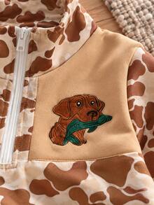 2Pcs Vintage Brown Cow Print Half-Zip Top & Elastic Waist Sweatpants Set - Camel - View 3