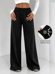 Women's High Waist Ruched Wide Leg Pants, Loose Flowy Casual Long Pants, Elastic Waist Palace Style Wide Leg Pants - Black - View 3