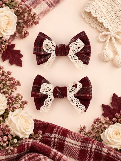 2pcs Plaid Hair Bows For Girls Elegant Lace Bow Decor Alligator Clips Cute Sweet Princess Hairpins Fall Winter Daily Barrettes Kids Hair Accessories