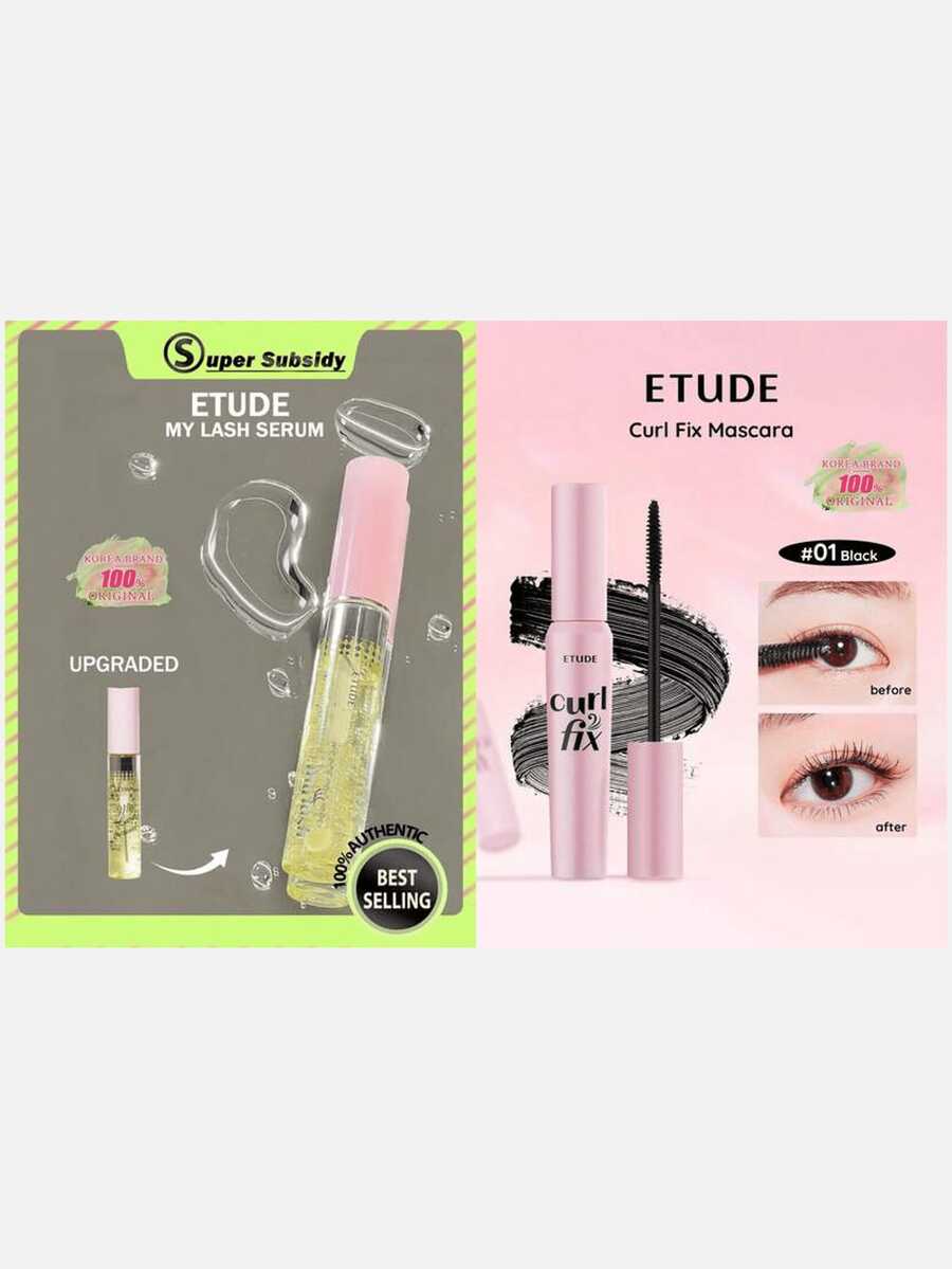 ETUDE My Lash Serum 9g + Curl Fix Mascara #1 Black, Featuring Curl 24H Technology, Effectively Curls And Volumizes Thin Lashes For Up To 24 Hours, 2pcs Set - 9g/0.31oz & 01 Black - View 1