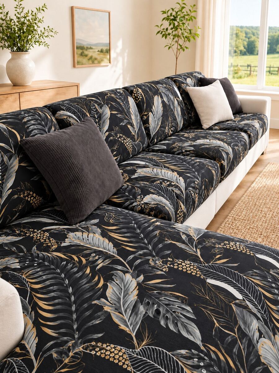 1pc Minimalist Tropical Rainforest Print Elastic Stretchy Skin-Friendly All-Season Milk Silk Sofa Cover Cushion Slipcover