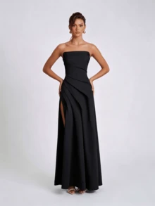 Women's Elegant Sleeveless Strapless Ruched Design Slit Party Formal Dress - Black - View 6