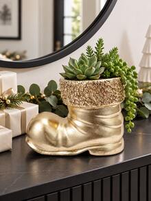 1pc Christmas Shoe-Shaped Planter, Vintage Country Boot Planter With Decorative Textured Trim, Holiday Plant Stand, Suitable For Living Room, Mantel, Entryway And Tabletop Decor Center - New Product - View 9