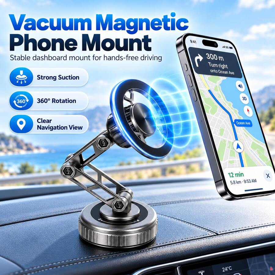 MagSafe Car Phone Holder, Magnetic Phone Holder, Car Phone Mount, Foldable Phone Holder, 360° Rotation, Vacuum Magnetic Base, Multi Angle Adjustment, Zinc Alloy Material,Compact Folding Design For Navigation,Car Interior, Road Trips And Daily Driving - Multicolor - View 1
