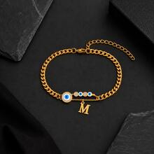 1pc New Vintage Initial Eye Pin Pendant Golden Stainless Steel Cuban Chain Bracelets For Men - Yellow Gold - View 3