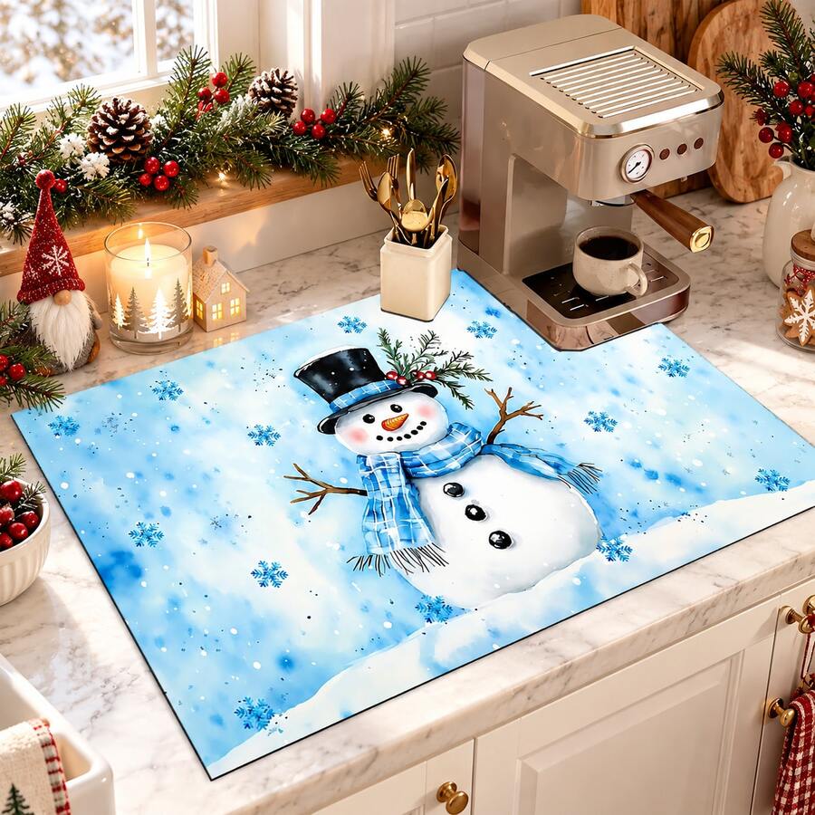 1pc Christmas Absorbent Mat, Christmas Snowman Pattern, Kitchen Countertop Absorbent Drying Mat, Coffee Machine Mat, Pour-Over Coffee Pot Mat, Dish Draining Mat, Non-Slip Heat-Resistant Kitchen Mat, Dining Table Mat, Breakfast Mat, Washing Machine Mat, Home Kitchen Dining Table Coffee Shop Bar Decor Mat, Holiday Party Housewarming Gift, Christmas Holiday Gift! - Multicolor - View 1