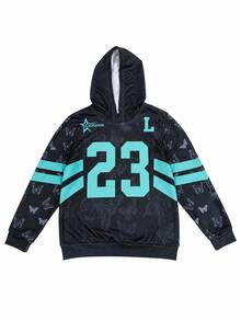 1pc Tween Boys Black Butterfly #23 Sweatshirt, Mint Green Contrast Color American Basketball Style Loose Pullover Sweatshirt, Spring/Autumn - Black - View 5