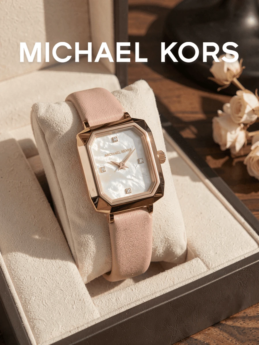 Michael Kors Women's Rectangular Quartz Watch, Rose Gold Faceted Case, Mother Of Pearl Dial, Pink Leather Strap, Romantic Gift, Elegant Daily Accessory - one-size - View 1