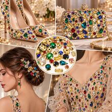 100pcs/200pcs Assorted Colors Gold Claw Setting Glass Rhinestones, Multi-Shape With Holes, Hand-Sewn Crystals For Dresses, Shoes, Bags, Headwear, Phone Cases, DIY Handmade Decoration Accessories Material Pack - Multicolor - View 4