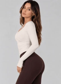 Never me Women's Square Neck Long Sleeve Yoga Top With Horizontal Straps, Hollow Out Cross Gathered Design, Built-In Bra Pads And Asymmetrical Hem - Apricot - View 3