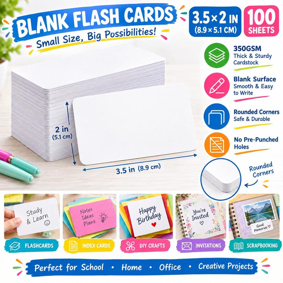 100 Blank Cards 3.5 X 2 Inch (Approx. 8.9 X 5.1 Cm) 350g Cardstock Learning Flash Cards Index Cards, No Lines Round Corners - 100pack - View 1