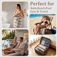 1pc Thickened Coral Fleece Striped Bath Towel, Absorbent And Quick-Drying - Coffee Brown - View 7