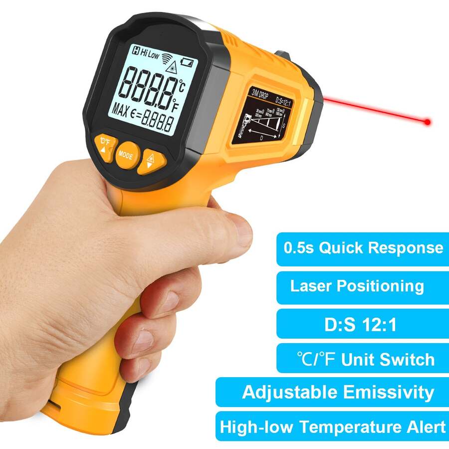 HYTAIS 1 pieza Termómetro infrarrojo de alta precisión | Rango de medición de -50°C a 600°C | Emisividad ajustable, alerta de alarma, pantalla digital | Adecuado para hornear, cocinar, pruebas de motores de automóviles, uso industrial 52NJ - Amarillo - Ver 1