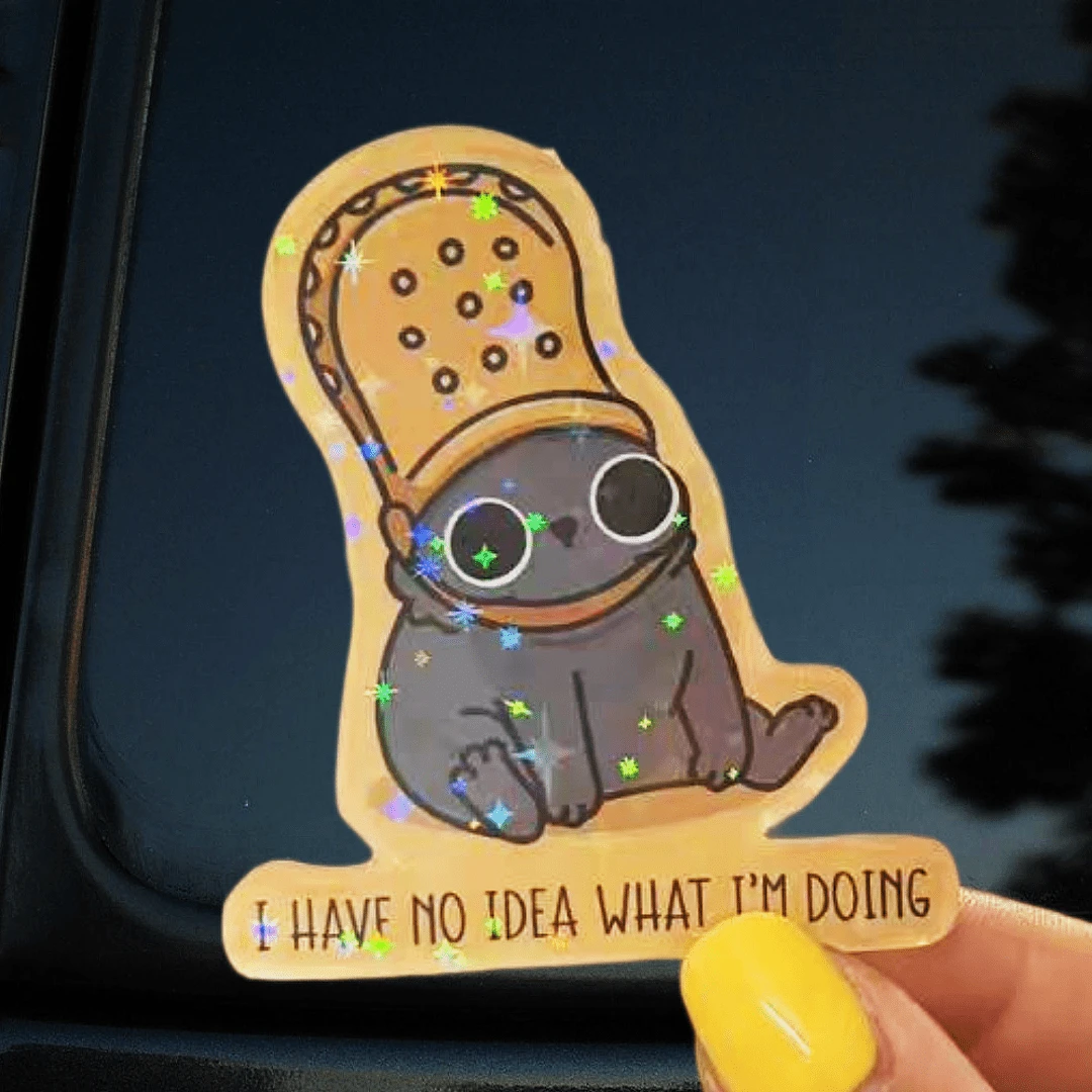 Orange Clog Hat Gray Cat, Adorable Self-Deprecating Healing Cartoon Sticker - Waterproof Vinyl Sticker - Durable Matte Surface, Self-Adhesive Bumper Sticker, Suitable For Cars, Windows, Laptops, Trucks, Water Bottles - Multi-Functional Durable Design, Car Sticker - Vinyl - View 1