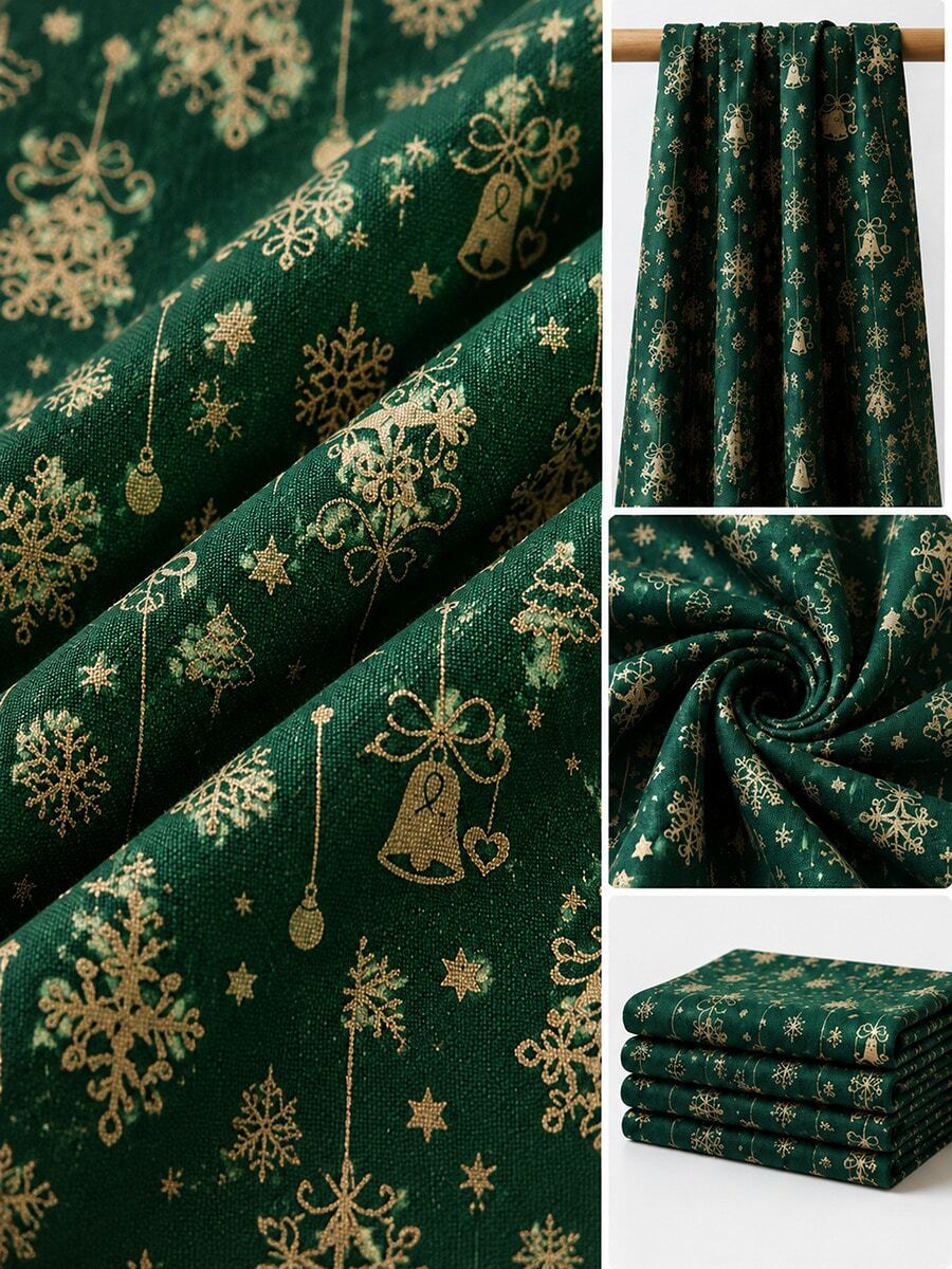 HHMC 1pc DIY Christmas Decorative Fabric - Green Background With Gold Bell And Snowflake Print, 150cm Wide, Perfect For Autumn/Winter Season. Suitable For Sewing Bags, Curtains, Home Decor, Pillows, Tablecloths And Other Handicrafts. - Multicolor - View 1