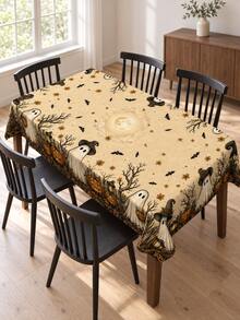 1pc Halloween Theme Polyester Tablecloth, Round Tablecloth, Rectangular Tablecloth, Halloween Decorative Tablecloth/Table Cover, Black Halloween Pumpkin Bat Ghost Spirit Black Cat Skeleton Pattern Holiday Tablecloth, Halloween Dining Table Center Decoration, Halloween Party And Home Gathering Atmosphere Decorative Tablecloth, Reusable - A - View 3