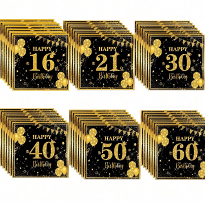 20/40/60/100 Pcs Black Gold Glitter Milestone Birthday Cocktail Napkins, Multi-Age 16th 21st 30th 40th 50th 60th Disposable Paper Napkins, With Balloon Star Banner, Glitter Gold Number Balloon Beverage Napkins, Adult Birthday Party Supplies