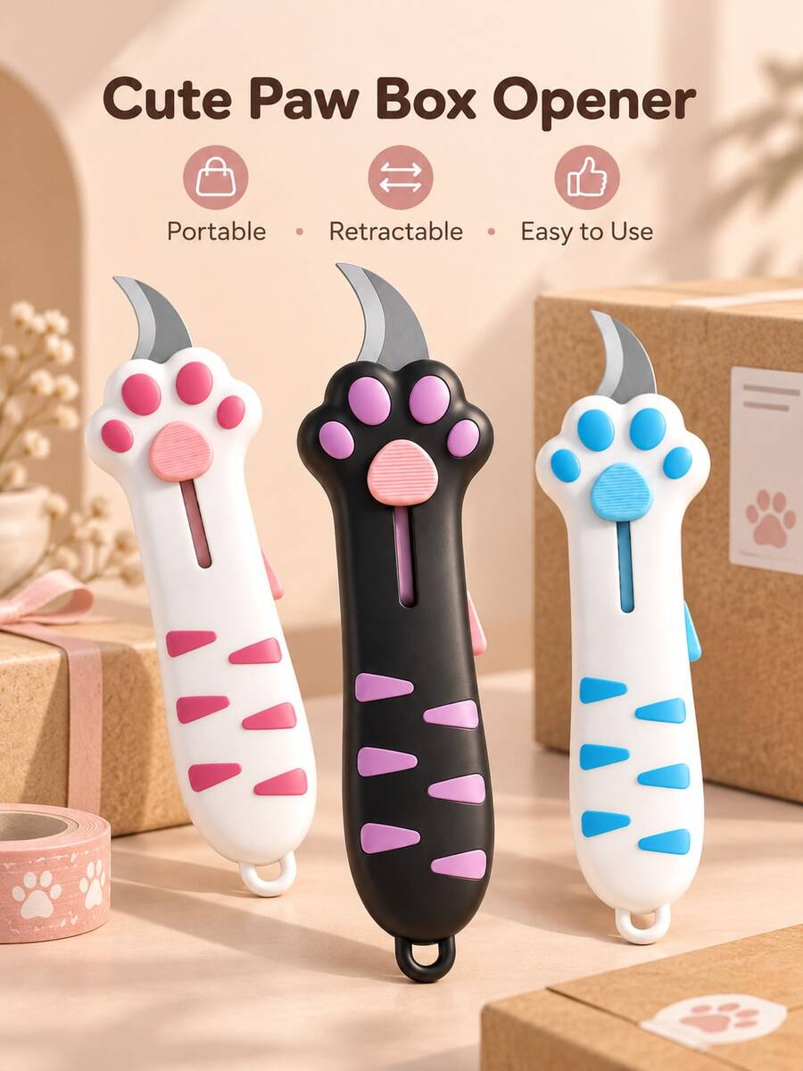 Cute Cat Paw Box Opener Portable Parcel Unboxing Knife, Sliding Blade Design, Lightweight Easy Grip With Tail Hanging Ring, Suitable For Cardboard Boxes, Express Packages, Tape, Gift Boxes And Daily Packaging Unboxing, Compact Size Convenient For Pockets, Bags, Drawers And Office Desk Storage, Applicable For Home, Office, Dormitory, Online Shopping Unboxing - Multi-color - View 1