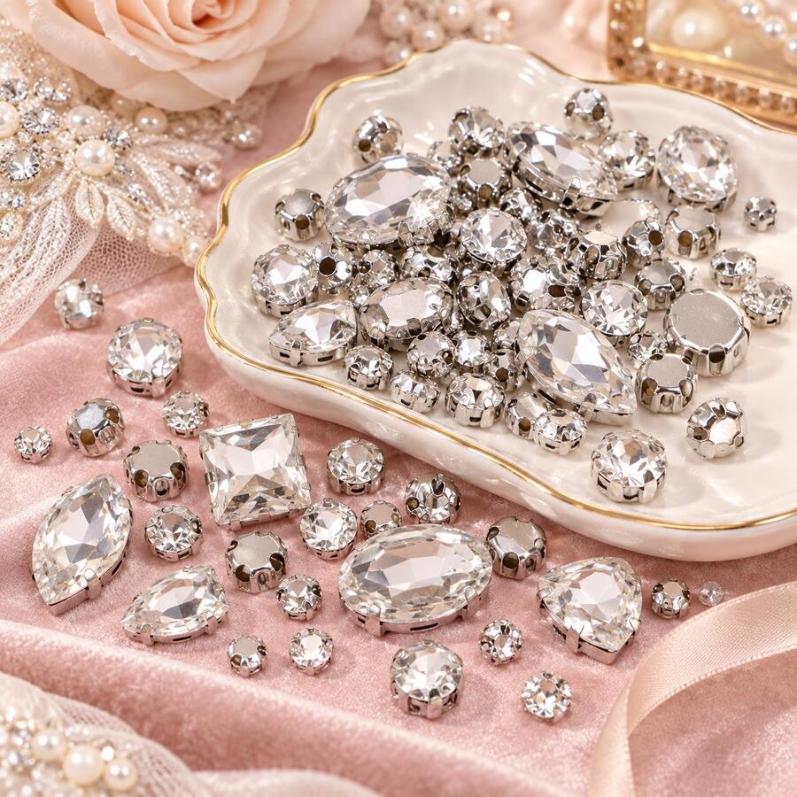 100pcs/200pcs Silver Claw Setting Transparent Glass Rhinestones, Multi-Shape Multi-Size With Holes For Hand Sewing, Wedding Dress, Evening Gown, Shoes, Bags, Headwear, DIY Handmade Decoration Accessories Material Pack - Transparent White - View 1